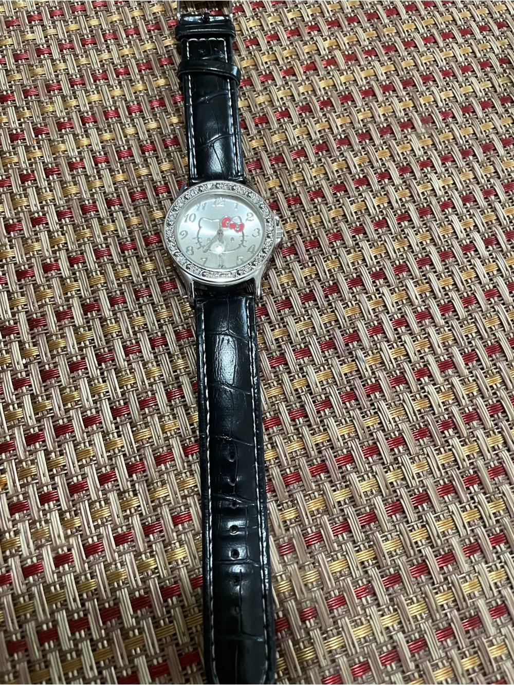 Hello Kitty Black Leather Strap Watch with Crystal Accents